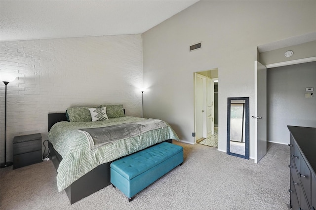 carpeted bedroom with baseboards, visible vents, and lofted ceiling