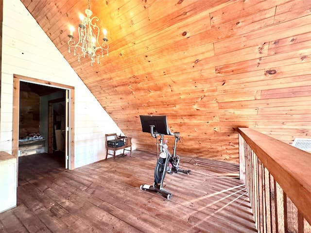 11300 Massey Rd, Pilot Point, TX 76258 - exercise room featuring hardwood / wood-style floors, lofted ceiling, wood walls, a chandelier, and wooden ceiling