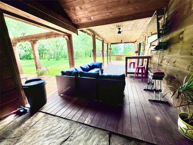 11300 Massey Rd, Pilot Point, TX 76258 - wooden deck with an outdoor living space, a yard, and ceiling fan