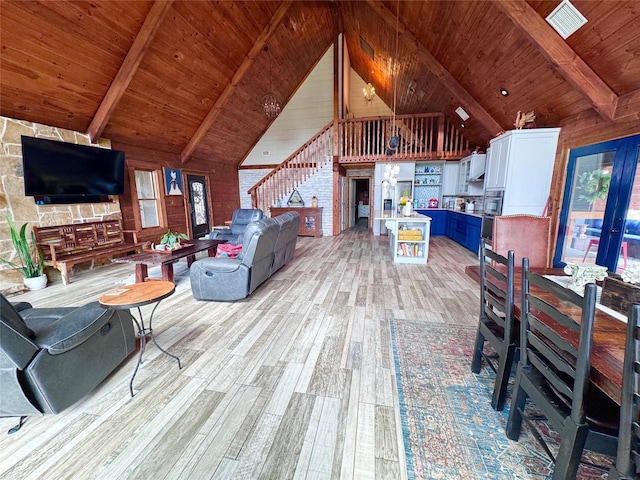 11300 Massey Rd, Pilot Point, TX 76258 - living room with wood ceiling, light wood finished floors, beamed ceiling, wood walls, and stairs