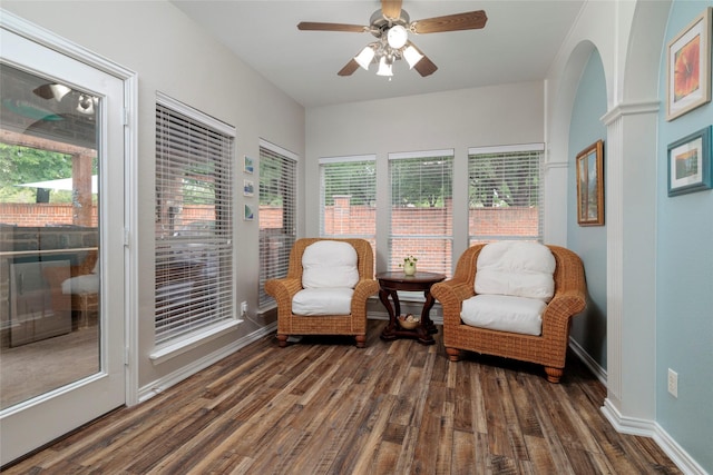 4953 Van Zandt Dr, Fort Worth, TX 76244 - sitting room featuring baseboards, a ceiling fan, wood finished floors, and a healthy amount of sunlight