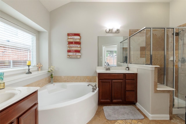 4953 Van Zandt Dr, Fort Worth, TX 76244 - full bathroom featuring lofted ceiling, a shower stall, a sink, two vanities, and a bath