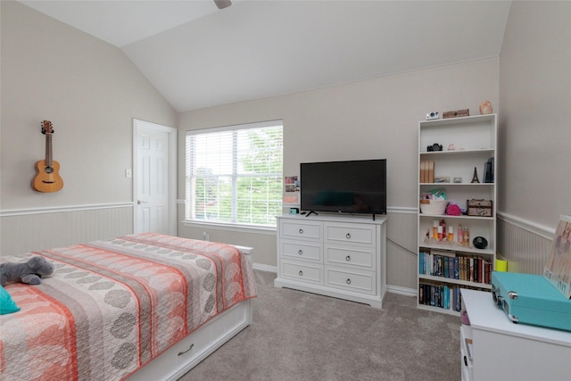 4953 Van Zandt Dr, Fort Worth, TX 76244 - bedroom featuring a wainscoted wall, light colored carpet, and lofted ceiling