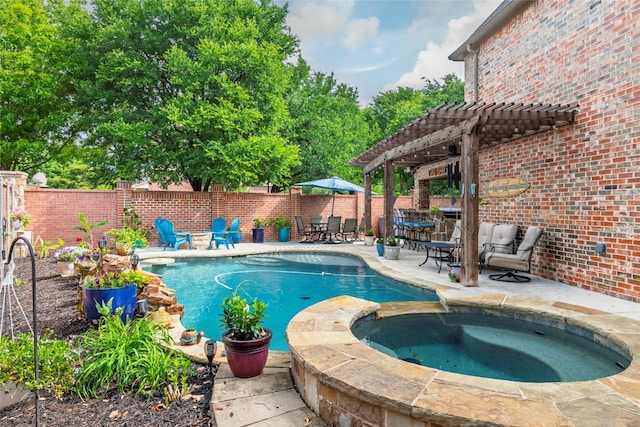 4953 Van Zandt Dr, Fort Worth, TX 76244 - view of pool featuring a fenced backyard, a patio, a pool with connected hot tub, outdoor dining space, and a pergola