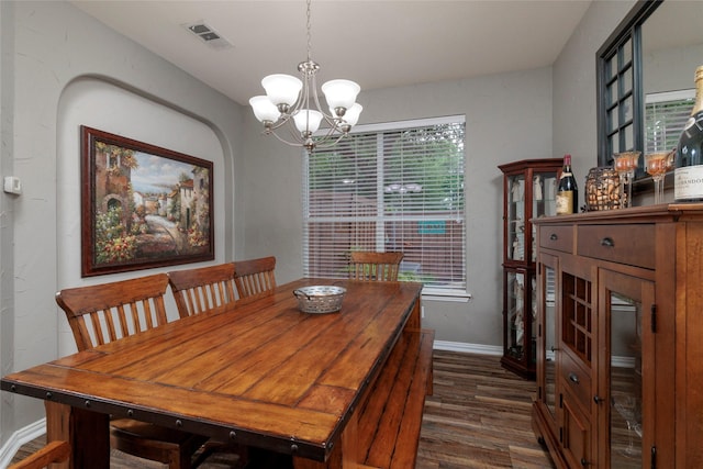 4953 Van Zandt Dr, Fort Worth, TX 76244 - dining space featuring visible vents, a notable chandelier, baseboards, and dark wood-type flooring