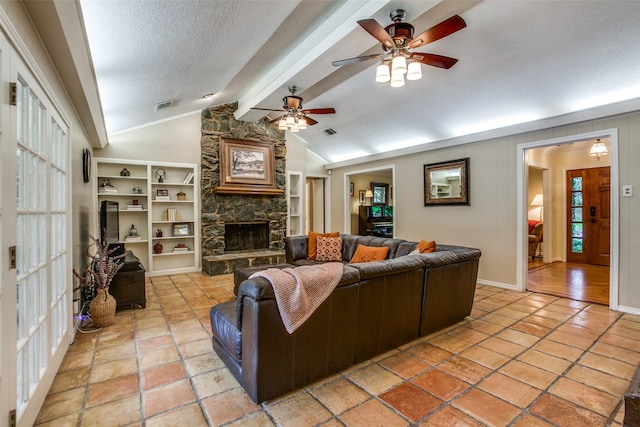 7215 Hillwood Ln, Dallas, TX 75248 - living area with a fireplace, ceiling fan, and a textured ceiling