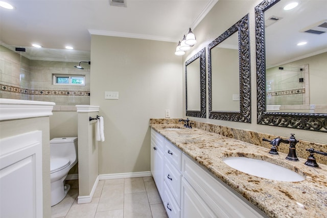 7215 Hillwood Ln, Dallas, TX 75248 - bathroom featuring ornamental molding, a walk in shower, toilet, double vanity, and tile patterned flooring