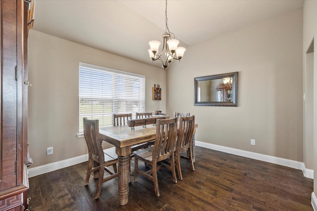 4339 Paige Dr, Caddo Mills, TX 75135 - dining space featuring an inviting chandelier, dark wood-style flooring, lofted ceiling, and baseboards