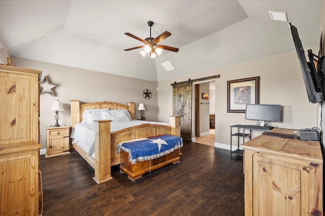 4339 Paige Dr, Caddo Mills, TX 75135 - bedroom featuring wood finished floors, a barn door, vaulted ceiling, baseboards, and visible vents