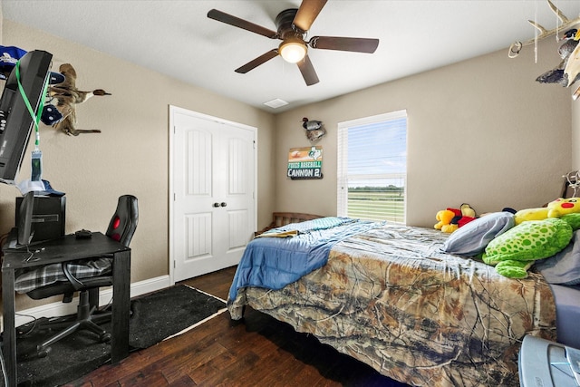 4339 Paige Dr, Caddo Mills, TX 75135 - bedroom featuring visible vents, wood finished floors, and ceiling fan