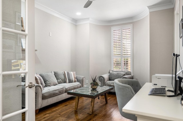 office with wood finished floors, ceiling fan, recessed lighting, and ornamental molding