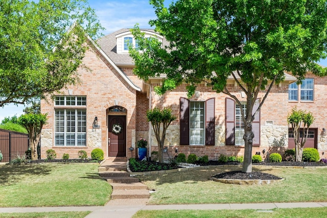 view of front of home featuring a front lawn, roof with shingles, fence, and brick siding