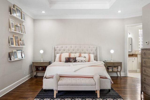 bedroom featuring crown molding, recessed lighting, and wood finished floors
