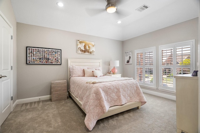 bedroom with carpet, visible vents, recessed lighting, and baseboards