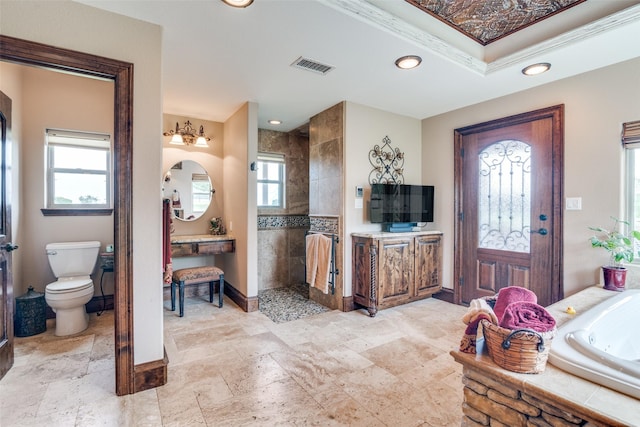 full bath with visible vents, a wealth of natural light, walk in shower, and a whirlpool tub