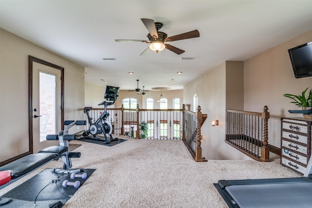 workout room featuring visible vents, a ceiling fan, and carpet
