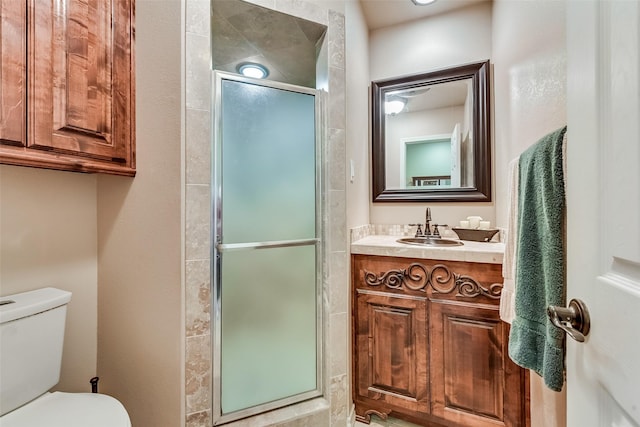 bathroom with a shower stall, toilet, and vanity