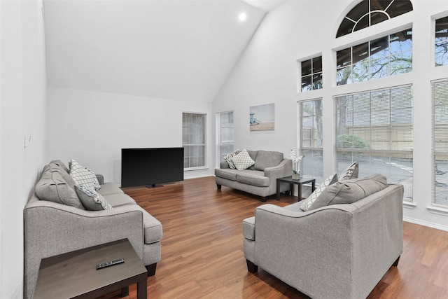 living area with high vaulted ceiling and wood finished floors