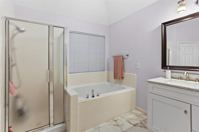 bathroom with a shower stall, marble finish floor, a bath, vanity, and baseboards