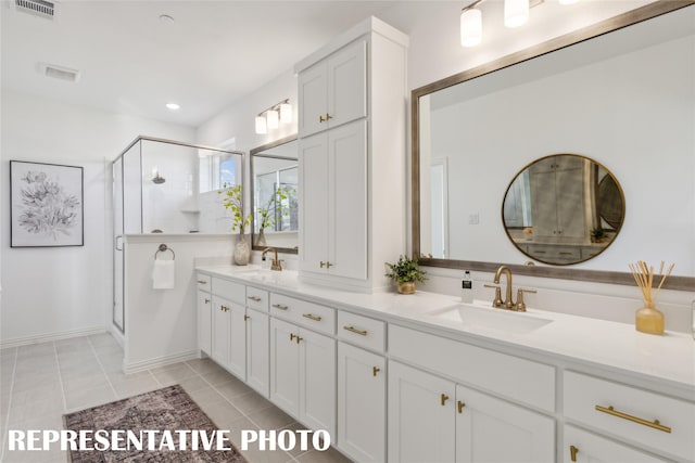 full bathroom with double vanity, visible vents, a shower stall, and a sink