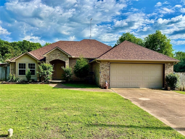 207 Shary St, Aledo, TX 76008 - ranch-style home featuring a front lawn, driveway, brick siding, roof with shingles, and an attached garage