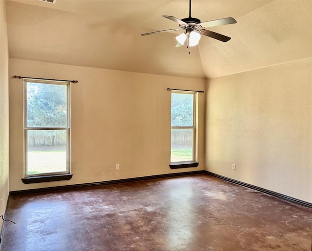 207 Shary St, Aledo, TX 76008 - empty room with baseboards, concrete flooring, ceiling fan, and vaulted ceiling