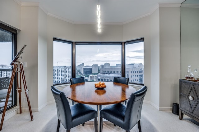 3030 Mckinney Ave Unit 1804, Dallas, TX 75204 - dining area featuring light carpet, ornamental molding, and a city view