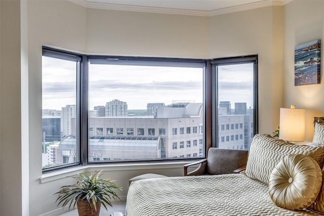3030 Mckinney Ave Unit 1804, Dallas, TX 75204 - bedroom featuring multiple windows, crown molding, and a city view