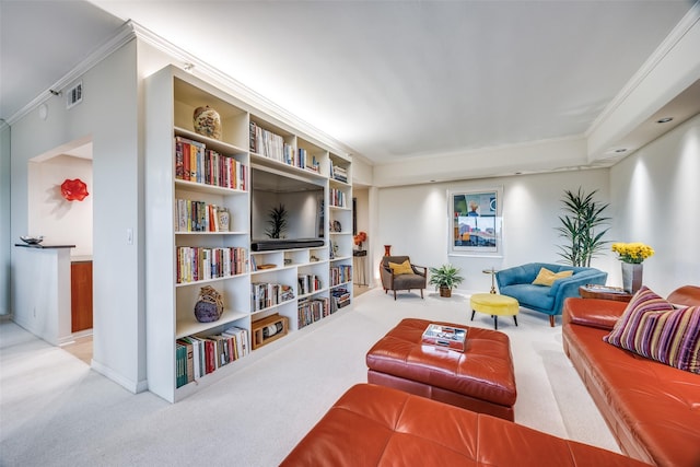 3030 Mckinney Ave Unit 1804, Dallas, TX 75204 - living area with crown molding, carpet, baseboards, and built in features