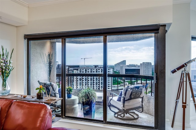 3030 Mckinney Ave Unit 1804, Dallas, TX 75204 - interior space featuring ornamental molding, a city view, and baseboards