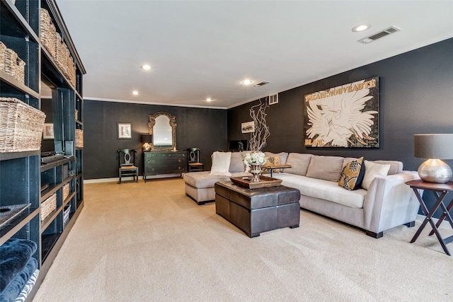 living room featuring crown molding, carpet floors, recessed lighting, and visible vents