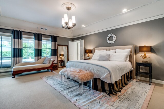 carpeted bedroom featuring an inviting chandelier, vaulted ceiling, recessed lighting, and visible vents