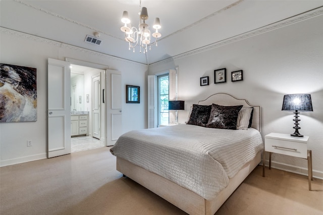 bedroom featuring carpet floors, baseboards, an inviting chandelier, and visible vents
