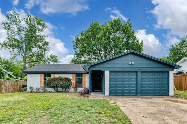 single story home with brick siding, fence, driveway, a front yard, and an attached garage