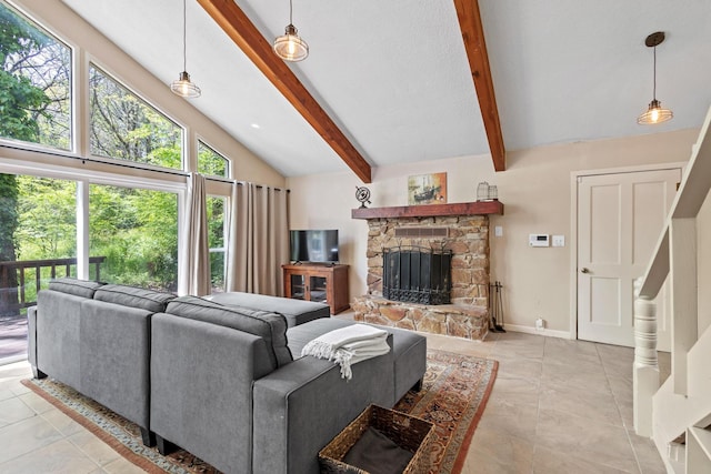 living area featuring light tile patterned floors, baseboards, vaulted ceiling with beams, and a fireplace