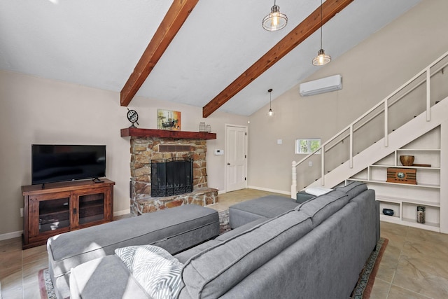 living room featuring a wall mounted AC, beam ceiling, high vaulted ceiling, a stone fireplace, and baseboards