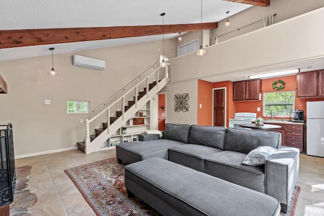 living area with beamed ceiling, a wall mounted air conditioner, baseboards, stairway, and high vaulted ceiling