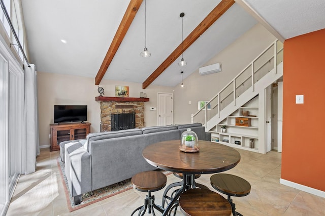 dining area with a wall unit AC, a fireplace, light tile patterned floors, vaulted ceiling with beams, and stairs