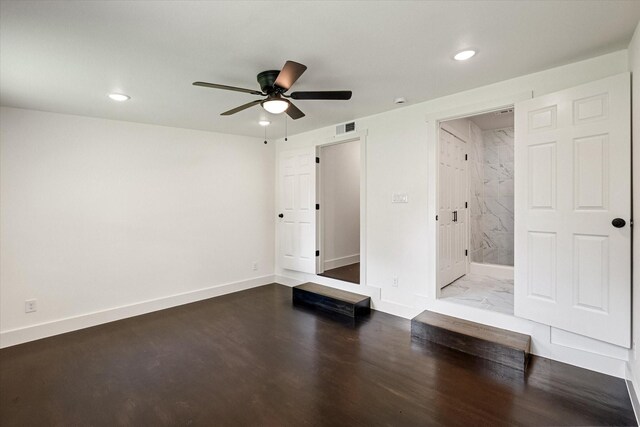 interior space featuring recessed lighting, baseboards, visible vents, and ceiling fan