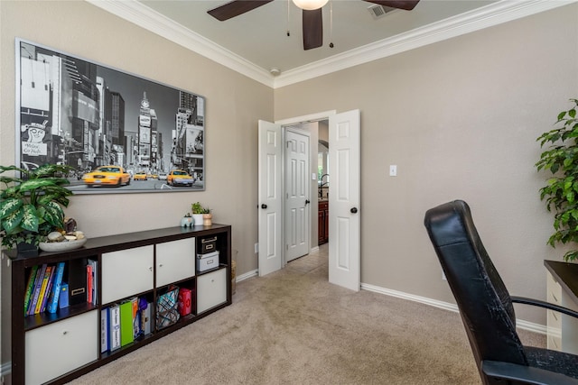 office with ceiling fan, visible vents, carpet, baseboards, and ornamental molding