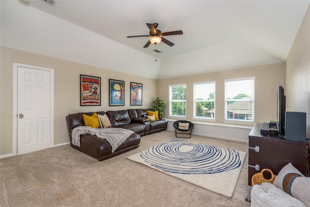 carpeted living area with ceiling fan, baseboards, lofted ceiling, and visible vents