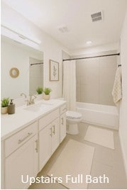 bathroom featuring shower / bathtub combination with curtain, vanity, tile patterned floors, toilet, and visible vents