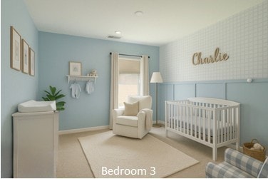 carpeted bedroom featuring baseboards, wallpapered walls, a nursery area, and wainscoting
