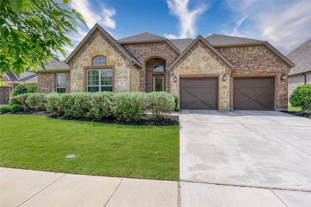 french provincial home with roof with shingles, an attached garage, a front lawn, brick siding, and concrete driveway