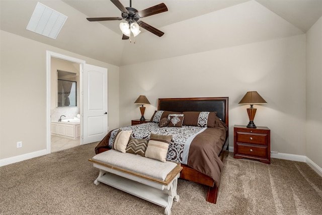 bedroom featuring baseboards, visible vents, lofted ceiling, and carpet