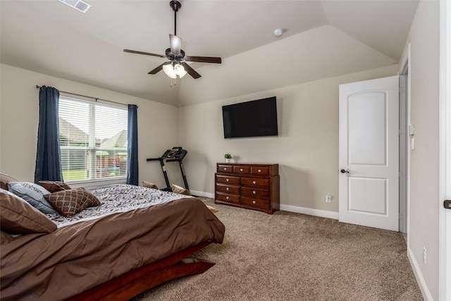bedroom featuring carpet, a ceiling fan, baseboards, vaulted ceiling, and visible vents