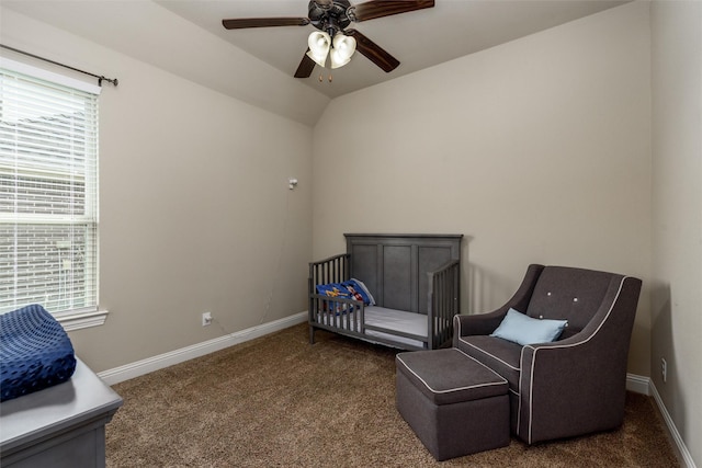 carpeted bedroom featuring baseboards, multiple windows, and ceiling fan