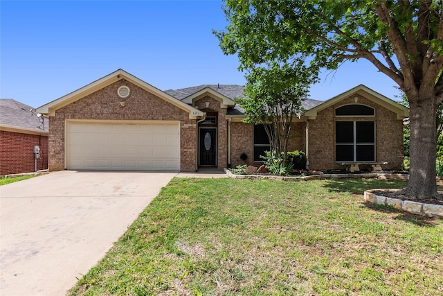 ranch-style house with concrete driveway, brick siding, a front lawn, and a garage