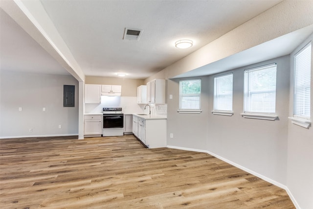 1601 Winderemere Dr, Arlington, TX 76014 - kitchen with a wealth of natural light, electric panel, white cabinetry, and electric stove