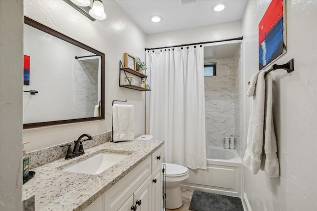 full bathroom featuring shower / bath combo, vanity, toilet, and visible vents